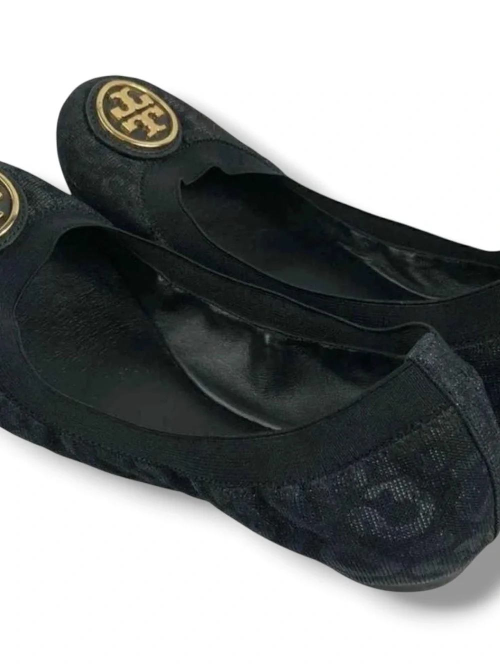 Tory Burch Caroline Fabric Scrunch Ballet Flats Metallic Leopard Black 6.5M